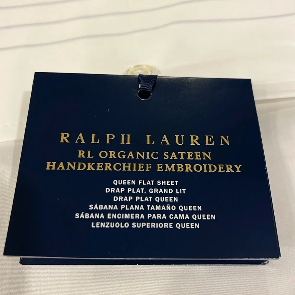 Ralph Lauren Organic Sateen Handkerchief Embroidery Queen Flat Sheet Studio Wht